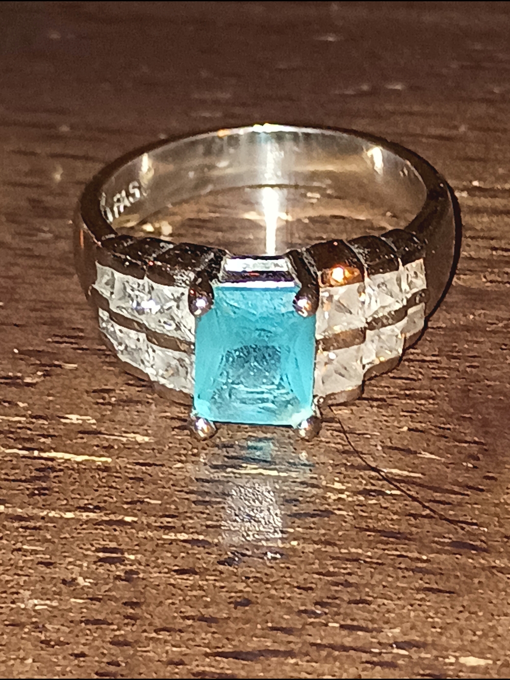 Sterling Silver Blue Emerald-Cut Stone Ring Size 7.5